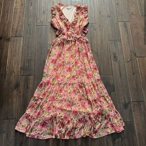 Moon River Pink Floral Cutout V-Neck Maxi Dress S